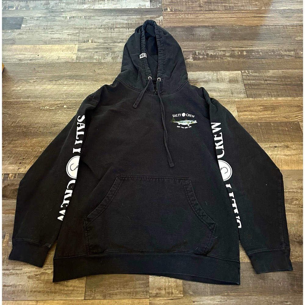 Salty Crew Men's Black Pullover Hoodie Fleece Fish Graphic Logo Pockets M